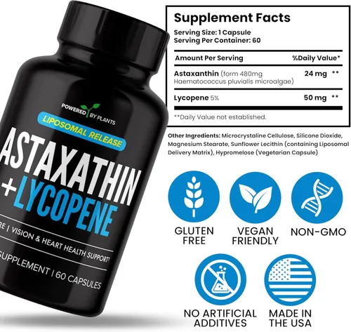 Vista 5 de Astaxantina liposomal 24 mg + licopeno 50 mg - 60 cápsulas Potente antioxidante para ojos, piel, corazón e inmune Complejo de microalgas