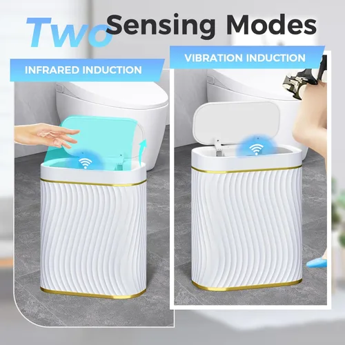 Vista 7 de Cubo de basura pequeño para baño con tapa automática sin contacto, bote de basura inteligente de 2.6 galones, contenedor de basura estrecho e