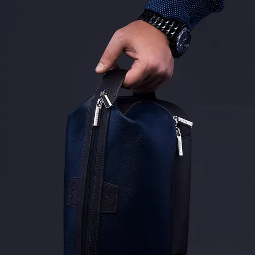 Vista 5 de Vetell Leo Large Leather Men's Travel Toiletry and Shaving Case Bag with Upper and Lower Zippered Compartments, 3 Interior Loops and Carrying Handles