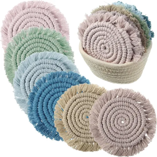 Vista 15 de FoldTier 6 posavasos para bebidas, absorbentes de algodón, estilo bohemio, tejidos, estilo granja, con borlas, macramé, con soporte, regalo