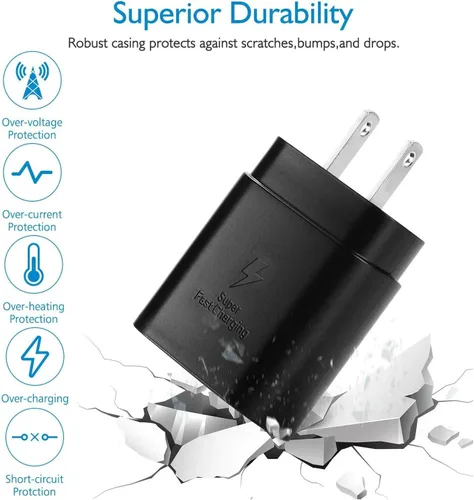 Vista 4 de para Samsung, carga súper rápida, cargador de pared USB C de 25 W con cable tipo C de 5 pies compatible con Samsung Galaxy