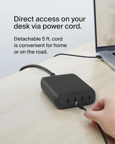 Vista 4 de Belkin Bloque de cargador USB C de 4 puertos, cargador multipuerto GaN de 200 W, carga rápida USB-C PD 3.1 + cable de alimentación de 5 pies