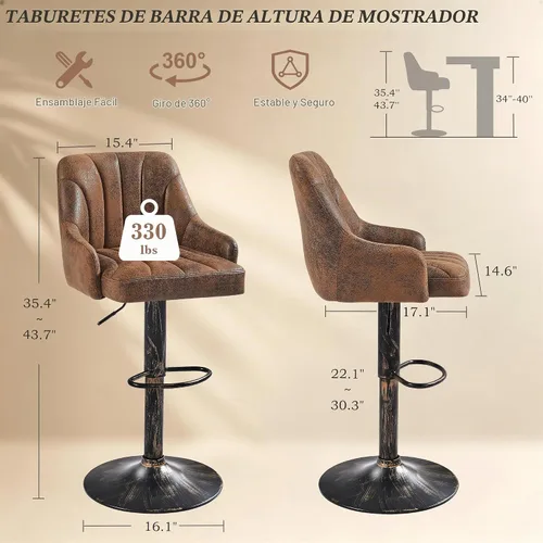 Vista 3 de VECELO Juego de 2 taburetes de bar, taburetes de bar ajustables, taburetes de altura de mostrador con respaldo y brazo, taburetes de isla de cocina