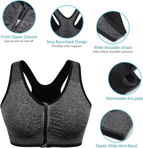 Vista 9 de Brasier deportivo con cierre frontal para mujer, posoperatorio, sin varillas, para yoga