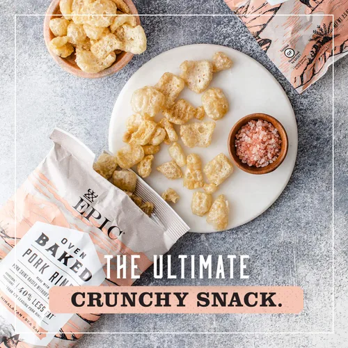Vista 3 de EPIC Chicharrones de cerdo con sal rosa del Himalaya, amigables para dieta keto, 4 unidades en caja, bolsas de 2.5oz (Paquete de 4)
