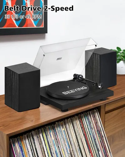 Vista 6 de Tocadiscos de Vinilo Bluetooth con Altavoces Estéreo de Estantería de 36 Vatios, Sistema Hi-Fi con Cartucho Magnético, Grabación USB y Parada