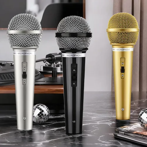 Vista 2 de Facmogu Juego de 3 micrófonos falsos, micrófono de plástico multicolor para disfraz de karaoke, accesorios de micrófono para Halloween, Navidad