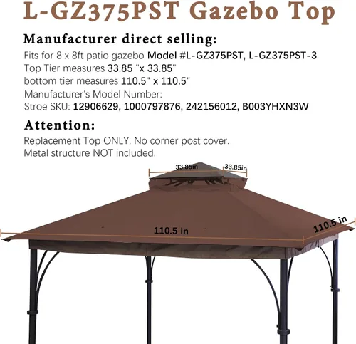 Vista 2 de SCOCANOPY Toldo de repuesto para glorieta de 8' x 8' #L-GZ375PST, (marrón)