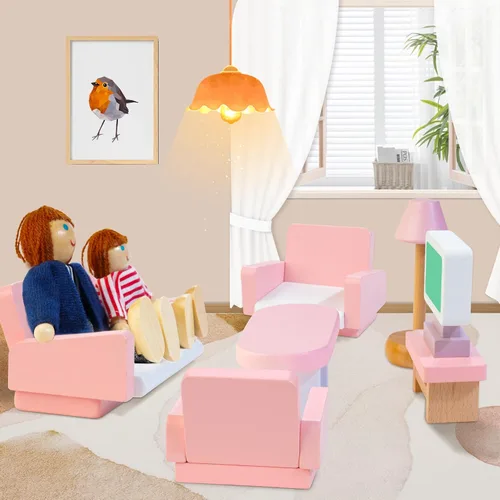 Vista 3 de Kizfarm - Juego de muebles de madera para casa de muñecas con 4 muñecas familiares, 26 piezas, accesorios de juego de simulación para casa
