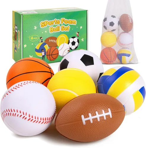 PlayZap Paquete de 6 pelotas para niños pequeños, juego de pelotas suaves de espuma, 3.5 pulgadas, pequeñas, fútbol, baloncesto, béisbol, fútbol
