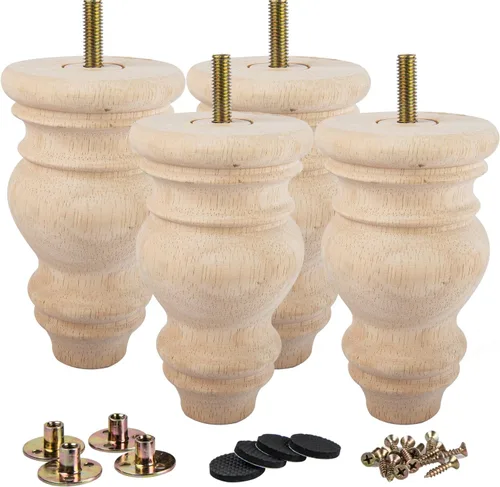 Vista 8 de La Vane Patas para muebles de madera maciza sin terminar de 3 pulgadas (3.1 in) – 4 patas de moño con perno M8 preperforado y placa de montaje