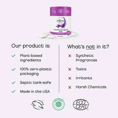 Vista 4 de Aspen Clean Cápsulas de detergente para ropa con lavanda, nuevo y mejorado empaque, cero plástico, EWG Verified™, detergente natural hipoalergénico