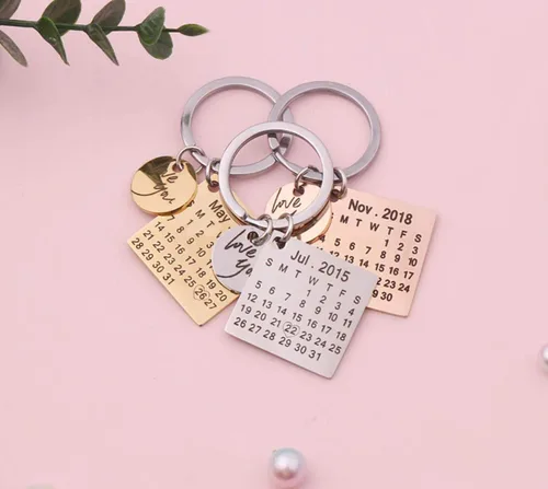 Vista 5 de Personalized Custom Calendar Keychain, Stainless Steel Highlighted with Heart Date, Engrave Date Wedding Anniversary Keyring Gift, Gift for her
