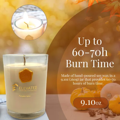 Vista 6 de Elevated Scente[d] Candles - Velas de especias de calabaza Tarro de vela grande de 9.1 onzas, 70 horas de tiempo de combustión, perfumado de otoño