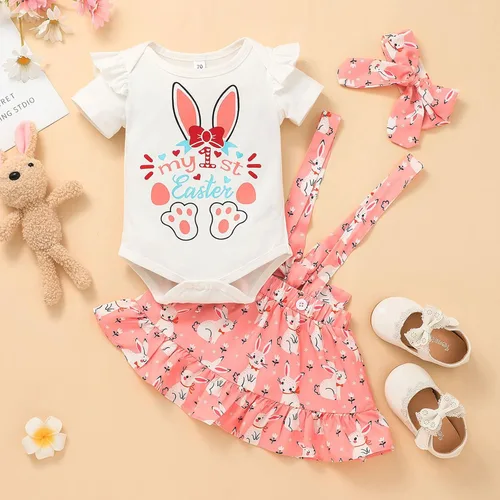 Vista 2 de AIMAOMI Baby Girl Easter Dress Outfit Newborn Short Sleeve Romper nesie Bunny Easter Eggs Suspender Skirt Headband