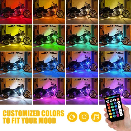 Vista 7 de Xprite Kit de luces LED RGB para motocicleta, impermeable, con control remoto inalámbrico, tiras de luces de neón rojas, función de lámpara de freno