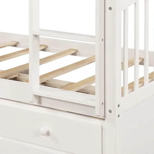 Vista 9 de P PURLOVE Litera individual sobre individual con nido, marco de litera de madera con escalera, rieles de seguridad, 3 cajones de almacenamiento
