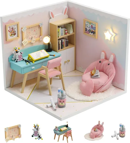 Vista 11 de Kit de casa de muñecas en miniatura de Kisoy con muebles, kit de casa de madera 3D para hacer tú mismo en un rincón de estilo apartamento pequeño