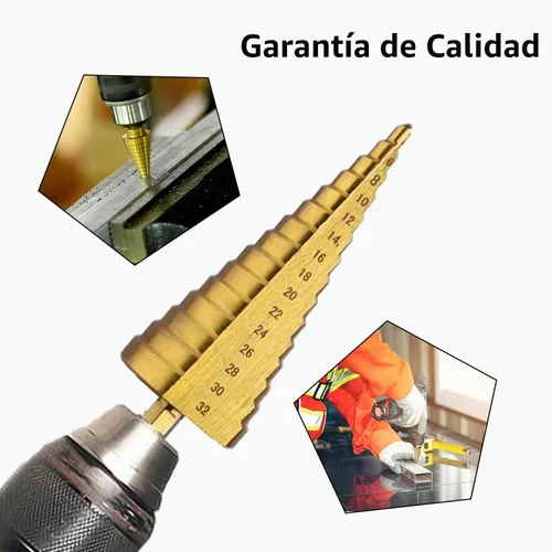 Vista 5 de Juego de 3 brocas escalonadas, juego de brocas escalonadas HSS con revestimiento de titanio, juego de brocas de acero de alta velocidad, brocas