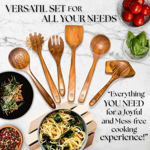Vista 7 de 8 cucharas de madera para cocinar, juego de utensilios de madera para sartenes antiadherentes y utensilios de cocina, utensilios de cocina de madera