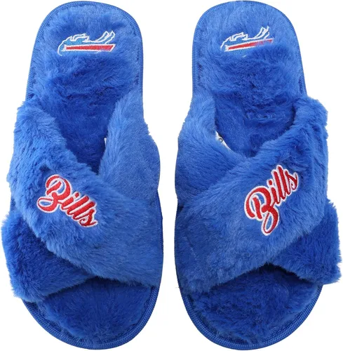 Vista 13 de FOCO Pantuflas deslizantes cruzadas mullidas con logotipo de texto del equipo NFL para mujeres