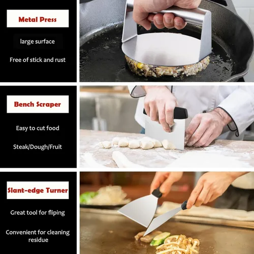 Vista 6 de HaSteeL - Juego de 20 accesorios para parrilla, juego de espátulas de metal resistente, herramientas Teppanyaki de acero inoxidable para parte