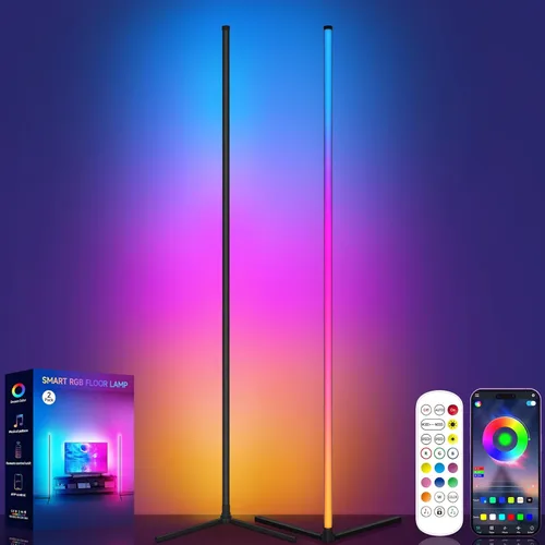 Tyute Lámpara de pie de esquina, lámpara de esquina LED RGB con sincronización de música, aplicación inteligente y control remoto, luz ambiental que