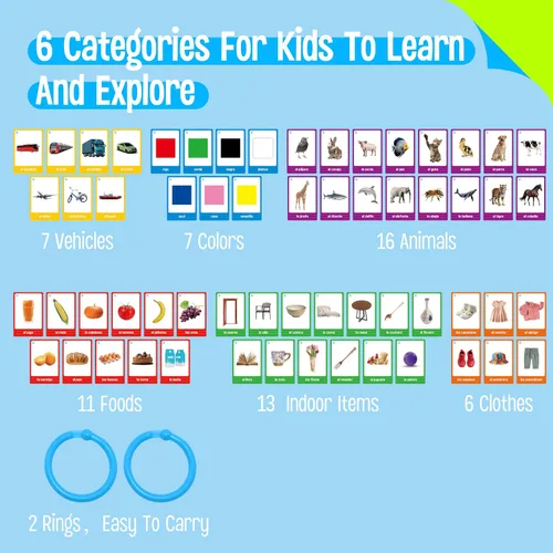 Vista 4 de 60 tarjetas flash en inglés y español, tarjetas de sustantivos de doble cara, palabras bilingües de visión – animales, colores, alimentos