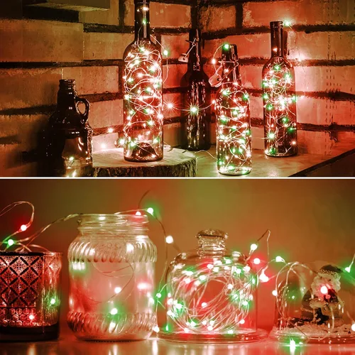 Vista 5 de Luces de Hadas LED a Batería, 16.4 pies Luces de Cadena de Navidad Rojas y Verdes, Luces de Cadena Estrelladas de Alambre de Cobre Alimentadas por