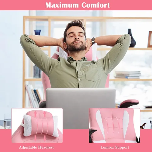 Vista 28 de Silla de videojuegos, silla de computadora de piel sintética ajustable con reposacabezas soporte lumbar, brazos y ruedas abatibles, silla de oficina