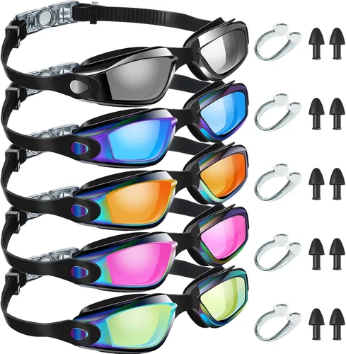 Vista 8 de Macarrie 5 pares de gafas de natación antivaho con tapones para los oídos, clip de nariz sin fugas, gafas de protección completa
