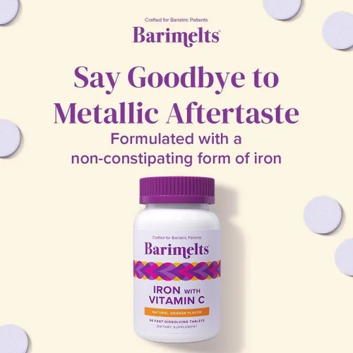 Vista 8 de BariMelts Hierro con Vitamina C, 90 Tabletas de Disolución Rápida (Suministro para 1 Mes), Suplemento de Hierro Bariátrico Sin Azúcar para Mujeres