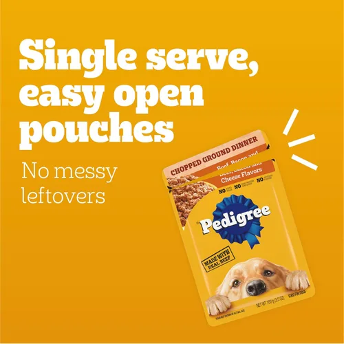 Vista 6 de PEDIGREE Chopped Ground Dinner Comida húmeda y suave para perros adultos, sabor a carne de res, tocino y queso, bolsas de 3.5 oz, paquete de 16