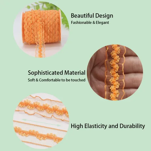 Vista 5 de Cinta elástica naranja con volantes de 25 yardas para coser de 3/4 pulgadas de organza elástica con ribete de encaje de ganchillo, banda elástica
