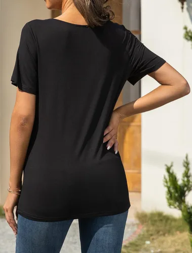 Vista 4 de AYIFU Camisetas casuales de verano para mujer, manga corta, cuello asimétrico, bloque de color, túnica