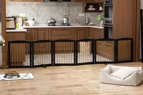 Vista 24 de PUPETPO Puerta independiente para mascotas para perros, puerta plegable de madera para perros para casa, escaleras, entradas, valla de seguridad