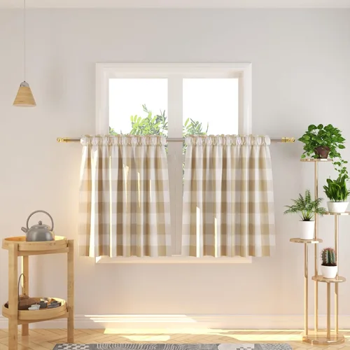 Vista 13 de Cenefas de cortina para ventana de 16 pulgadas de largo, 2 paneles de cuadros búfalo, cortinas pequeñas con bolsillo para barra, estilo clásico