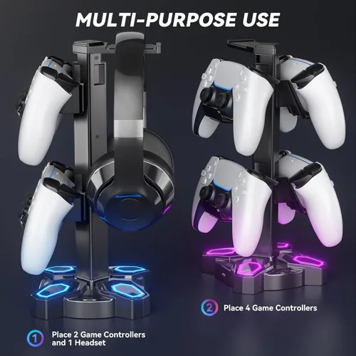Vista 6 de KDD Soporte para auriculares RGB para juegos, soporte giratorio para auriculares con 9 modos de luz, soporte para controlador con 2 puertos de carga