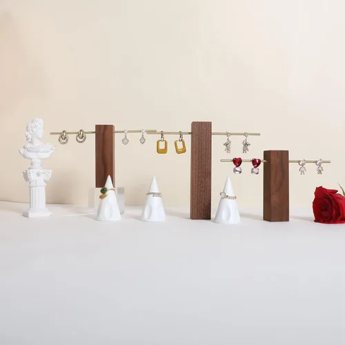 Vista 9 de GemeShou 3pcs wooden earring display stands for shows, dangle t bar earring hanger, hoop earring holders for jewelryWalnut Brass earring T stand set