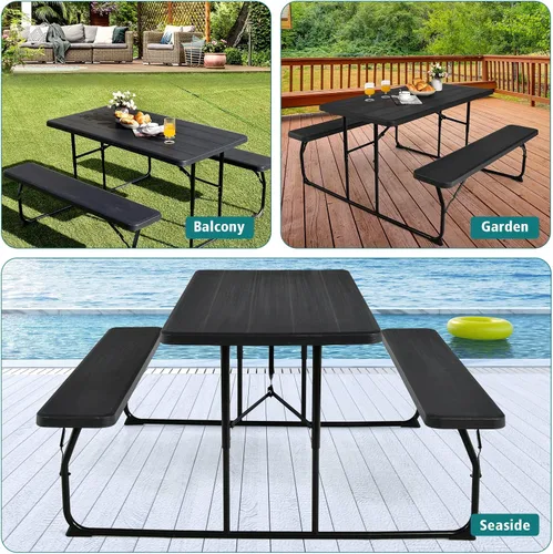 Vista 8 de S AFSTAR Juego de mesa de picnic plegable, mesa de picnic plegable con 2 bancos, mesa y banco para exteriores con marco de acero y mesa de textura