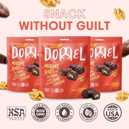 Vista 4 de DORREL - Dátiles cubiertos de chocolate negro belga (Medjool) con relleno de nueces, aperitivo de chocolate vegano de alta energía, delicioso