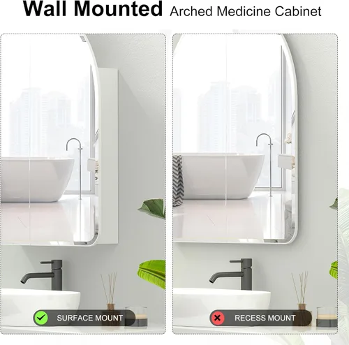 Vista 6 de Botiquines de 24 x 28 pulgadas con espejo y borde biselado arqueado para medicina con espejo, arco de 2 puertas, botiquines de baño, botiquines