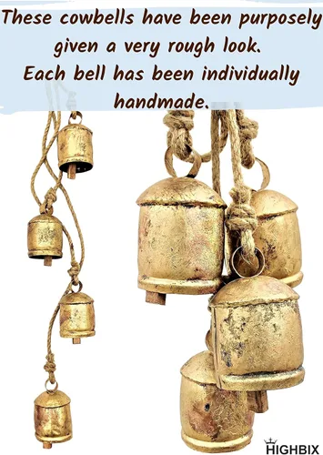 Vista 4 de HIGHBIX Harmony - 4 campanas de vaca en racimo en cuerda, grandes, rústicas, vintage, campanas de vaca de la suerte en cuerda para colgar