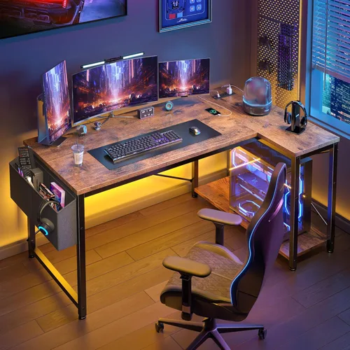 Vista 10 de EnHomee Escritorio pequeño para computadora con estantes de almacenamiento y bolsa lateral, escritorio de juegos en forma de L de 40 pulgadas
