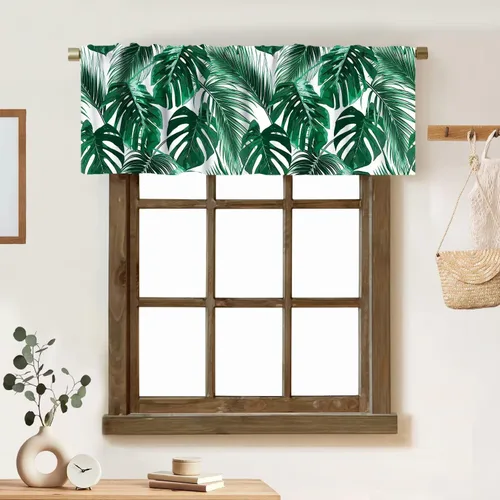 Vista 18 de Cortina de cenefa de hojas verdes tropicales, diseño de hojas de palmera, cenefa con bolsillo para barra, 1 panel, cortinas cortas para cocina