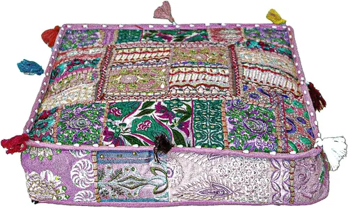 Vista 7 de EthinicCraftHub - Funda de cojín de 18 x 18 pulgadas, de algodón con lentejuelas y cuentas, estilo bohemio indio, decoración hecha a mano para sofá