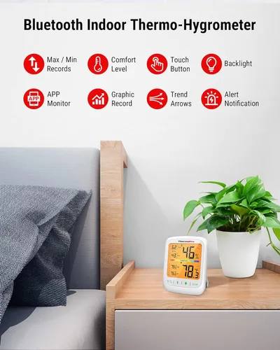 Vista 7 de ThermoPro Termómetro higrómetro Bluetooth TP359, monitor inalámbrico de temperatura y humedad de 260 pies, con gran pantalla LCD retroiluminada