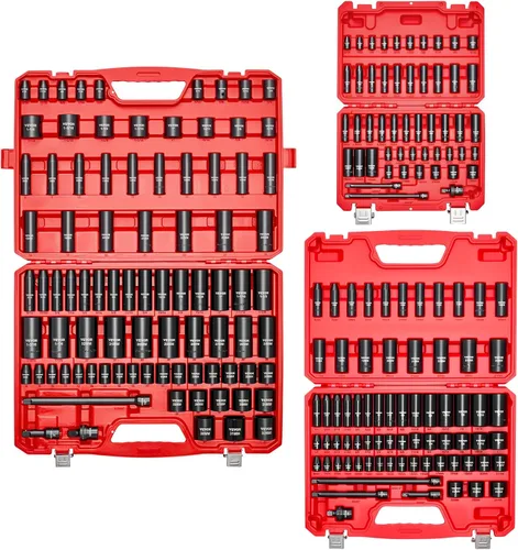 Vista 9 de VEVOR Juego de llaves de impacto de 1/4, 3/8 y 1/2 pulgadas, 210 piezas métricas y estándar completas, profundo y poco profundo, CR-V, 6 puntos