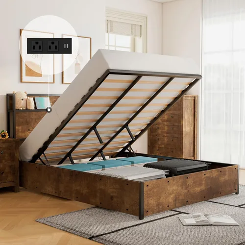 Vista 11 de LUXOAK Cama de Almacenamiento Elevable Tamaño Full, Marco de Cama Plataforma de Madera con Cabecera de Almacenamiento y Estación de Carga, No Negro