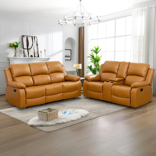 Vista 25 de Juego de Muebles para Sala de Estar, Juego de Sofá Reclinable Manual, Juegos de Sofás Reclinables de Cuero Beige con Mesa Desplegable, Sofá